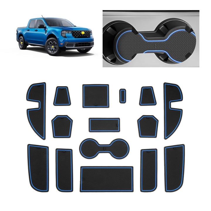 SKTU front door liner kit showing blue mats protecting compartment, enhances interior look