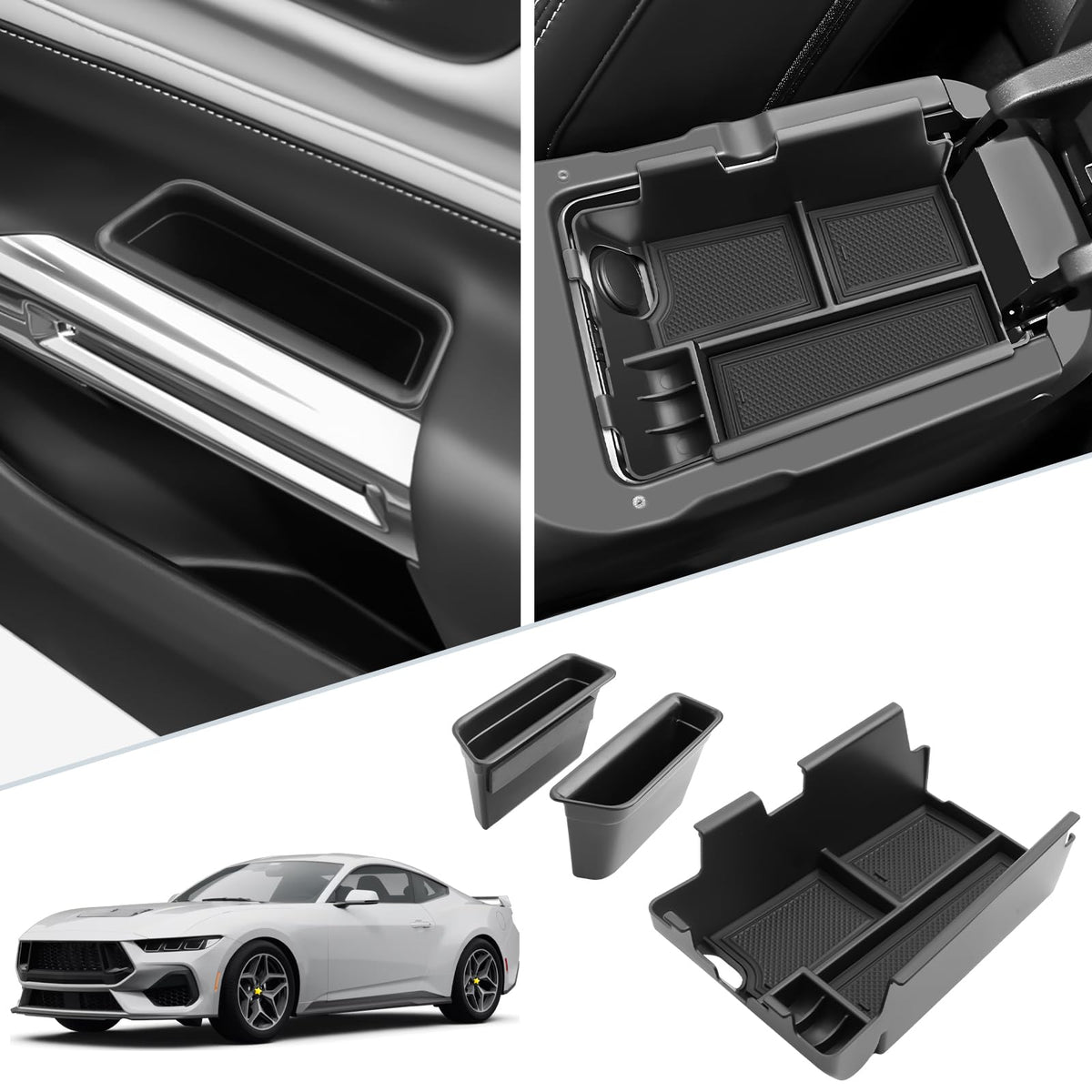 SKTU front view of organizer installed in Mustang shows tidy compartments and quick access