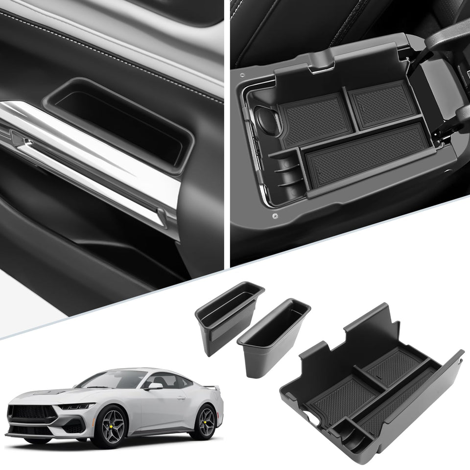 SKTU front view of organizer installed in Mustang shows tidy compartments and quick access