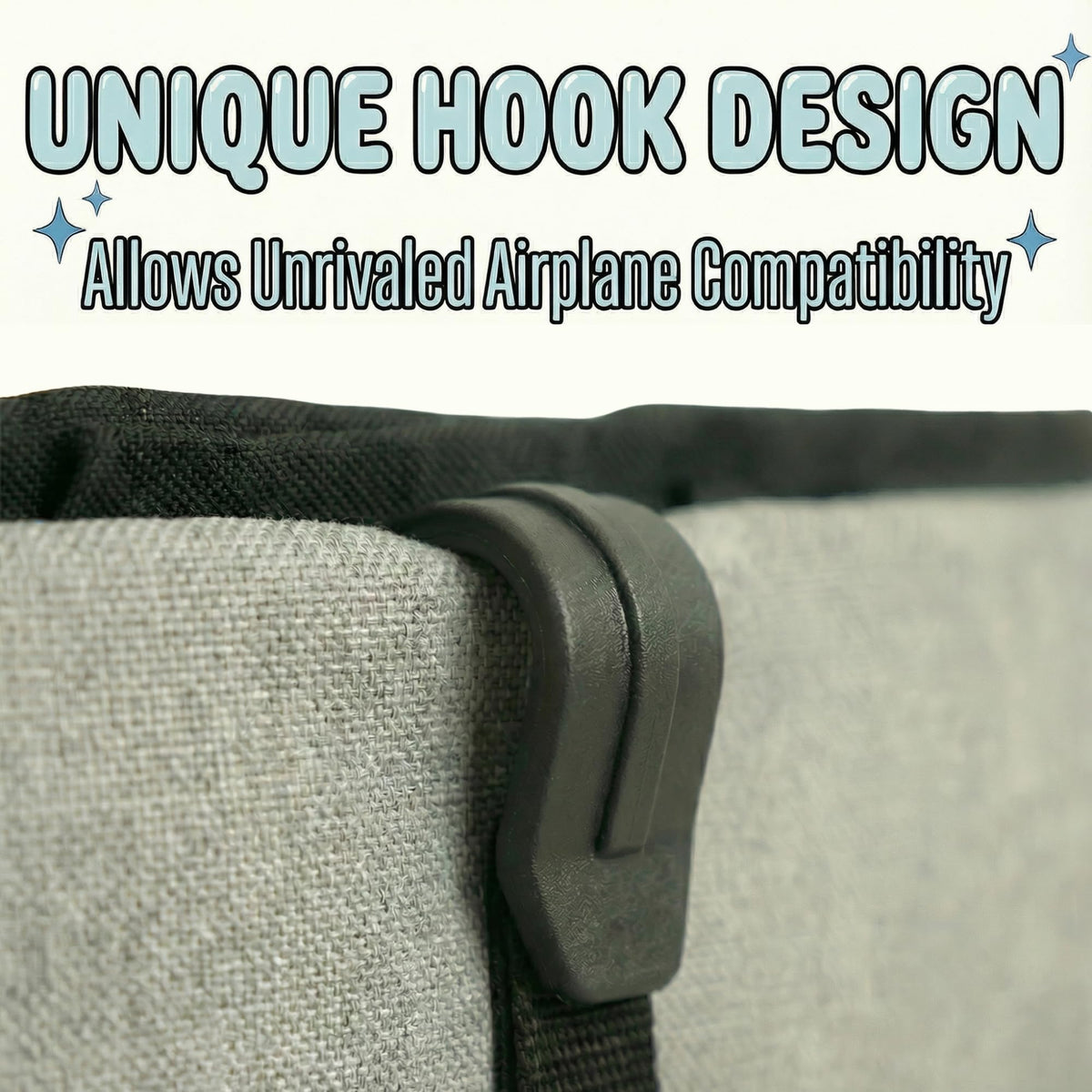 SKY STASH mounted on airplane seat pocket showing hands-free convenience