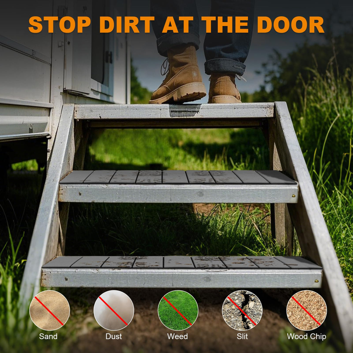 SKYJDM installed on an RV step providing immediate non-slip surface and protection