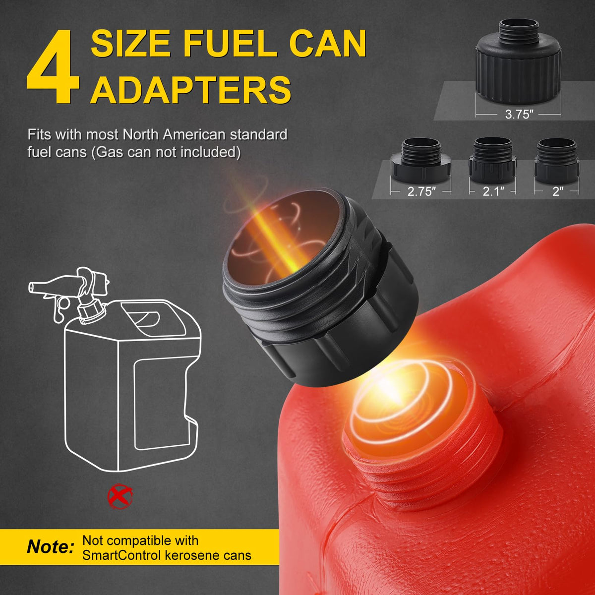 SKYJDM pump with four included adapters displaying compatibility with cans