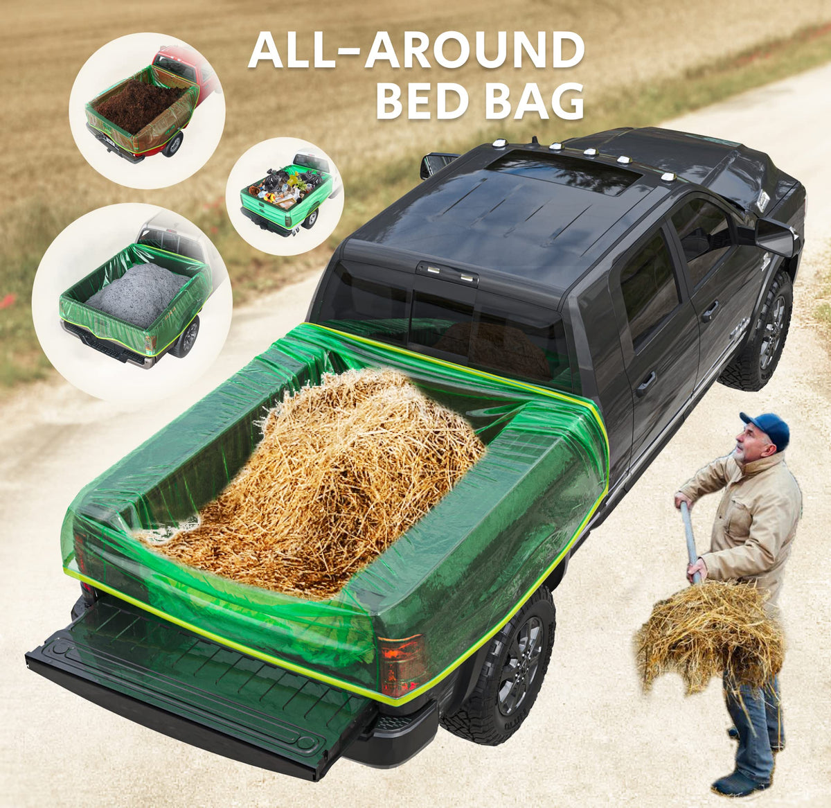Skywin bag loaded in truck bed protecting truck and containing debris