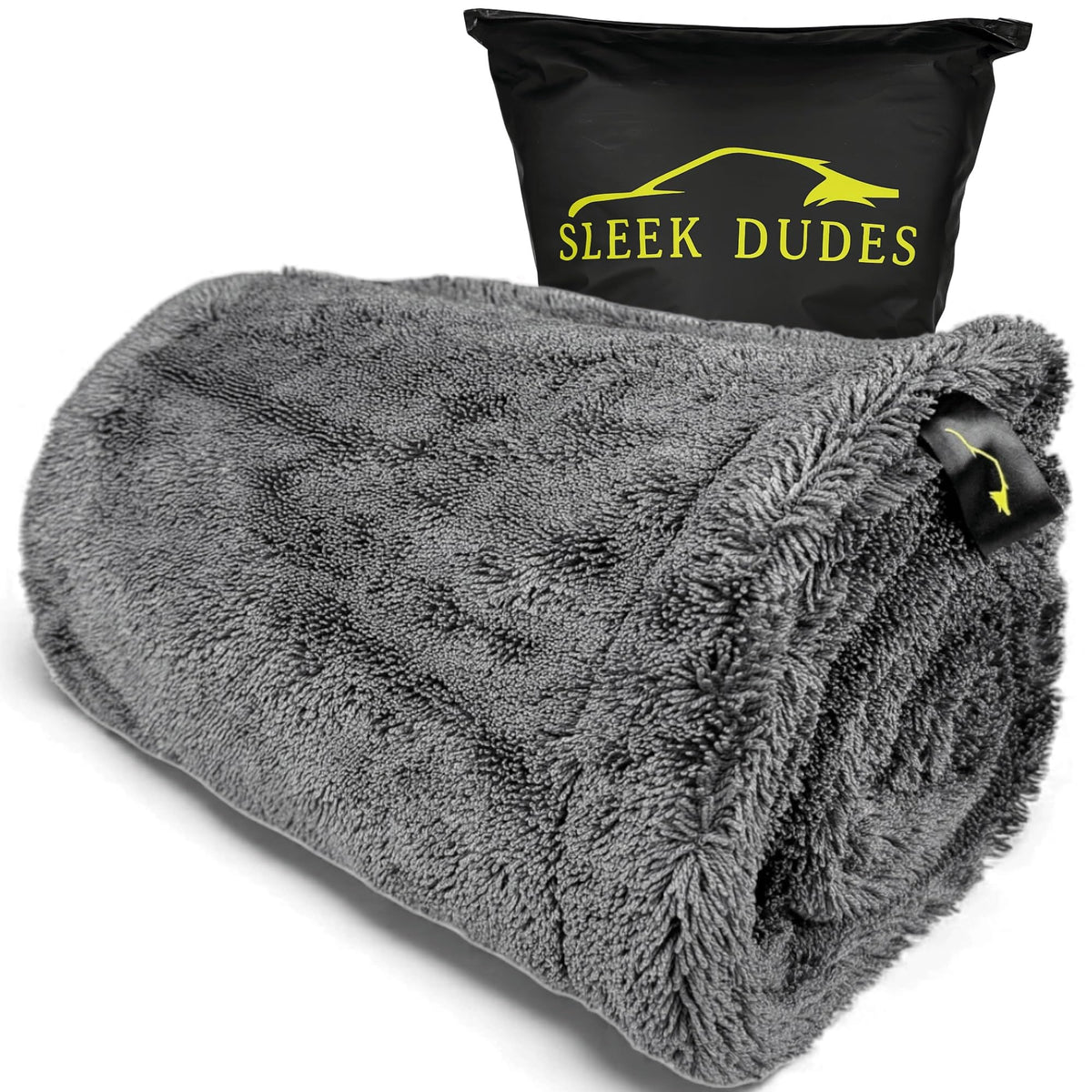 Sleek Dudes front view of grey towel showing plush drying surface and absorbency benefit