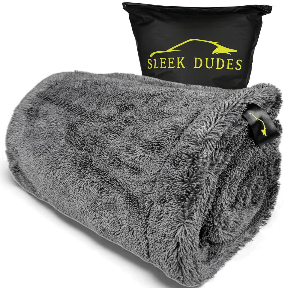 Sleek Dudes front view of grey towel showing plush drying surface and absorbency benefit
