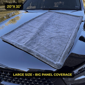 Sleek Dudes towel in use drying car hood with fewer passes for safe drying