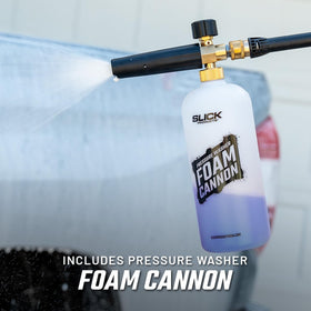 Slick Products foam applied to an RV exterior demonstrating efficient large-vehicle cleaning