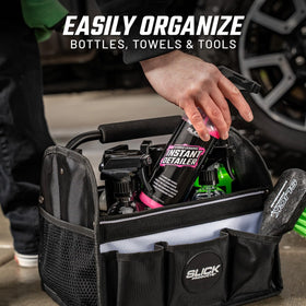 Slick Products tote filled with bottles and towels for efficient transport