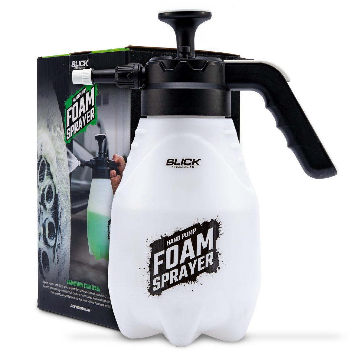 Slick Products front view of foam sprayer shows full 70 oz tank and ergonomic design for easy carrying