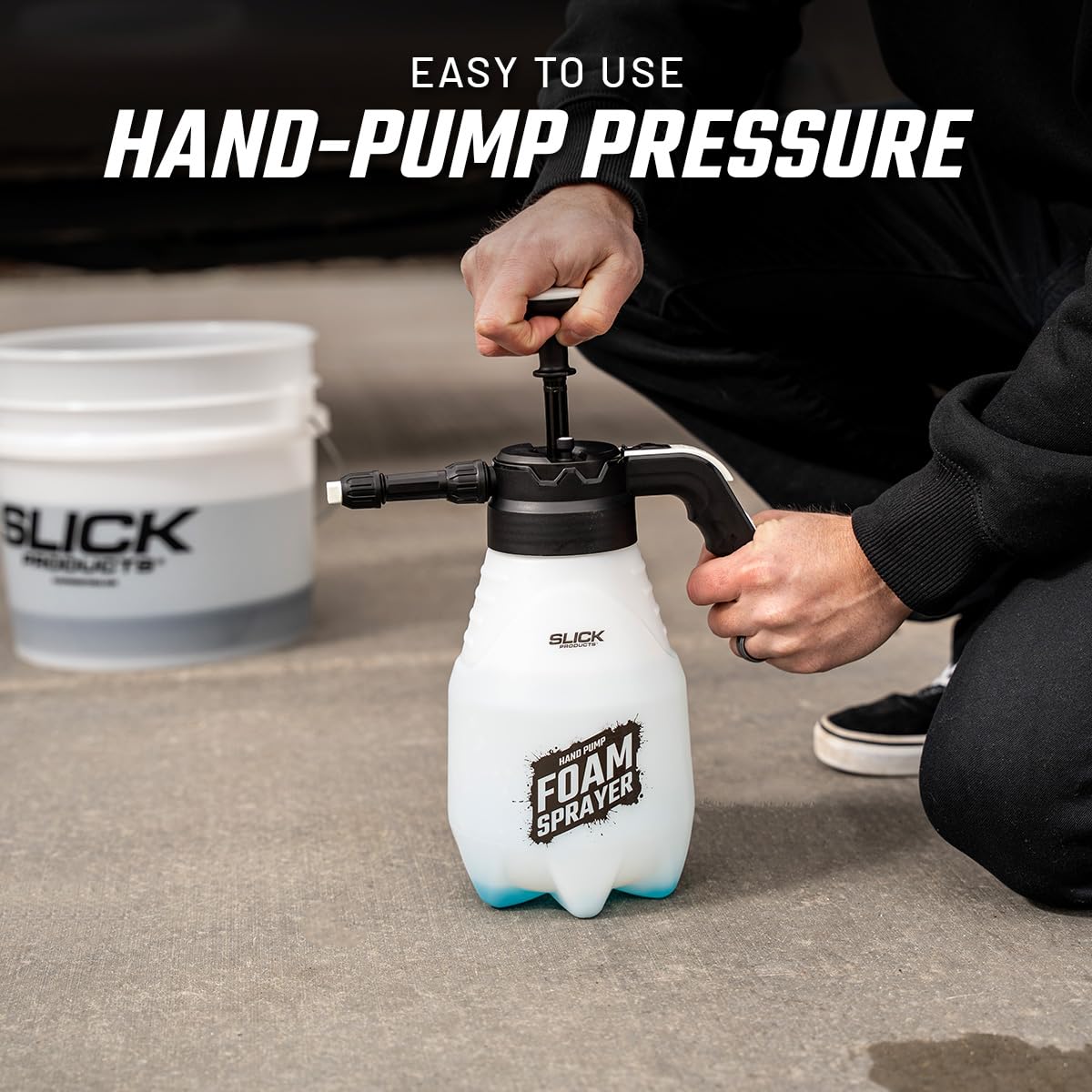 Slick Products sprayer used on an ATV on trail showing portability and off‑road cleaning convenience