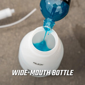 Slick Products label and mixing markings closeup for precise soap dilution and mess‑free setup