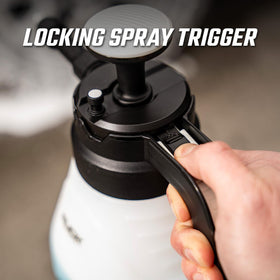 Slick Products sprayer next to water bottle illustrating 70 oz capacity and fewer refills advantage