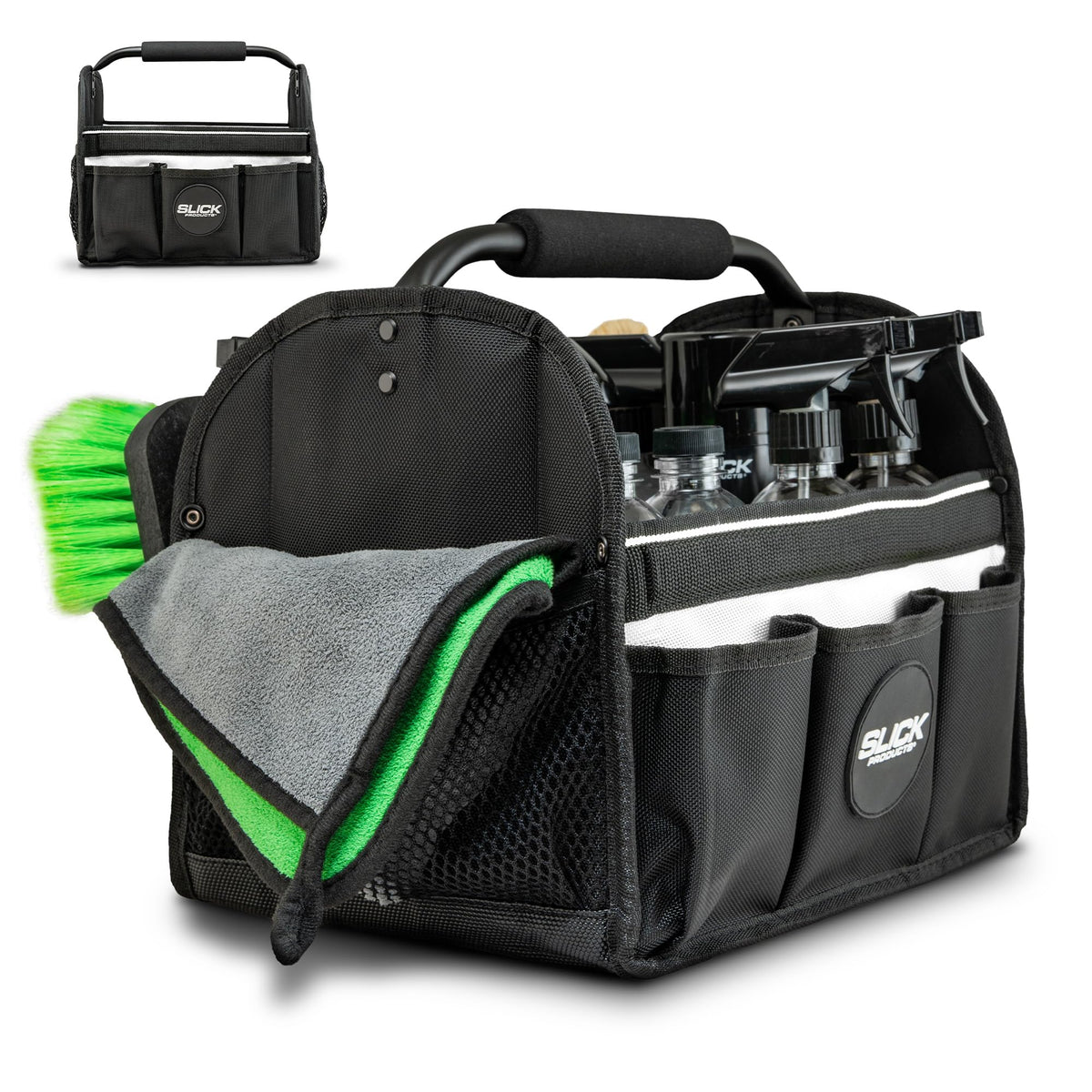 Slick Products front view of tote showing organized compartments and durability
