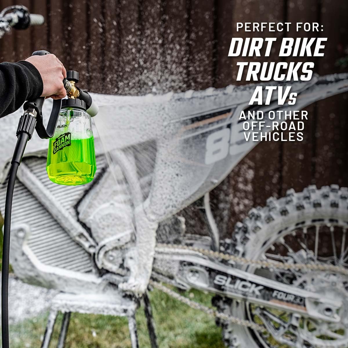 Slick Products being applied with a foam cannon to speed off-road cleanup