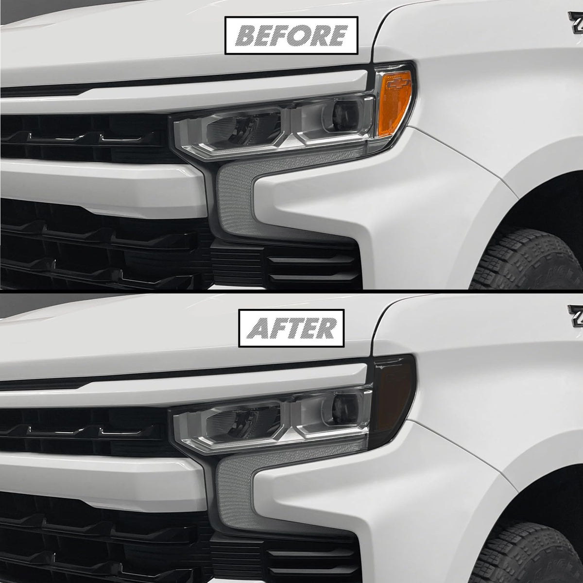 SlickMod being applied to a Chevy Silverado headlight demonstrating easy DIY installation benefit.