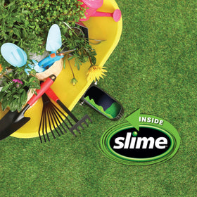 Slime 10009 applied to a lawn mower tire preventing downtime benefit