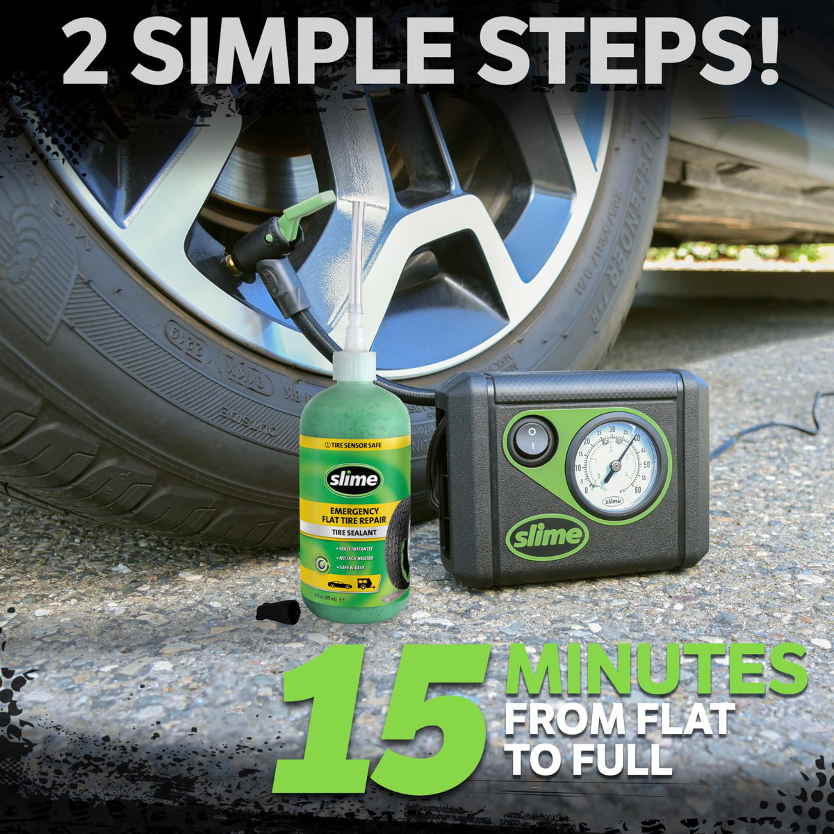 Slime tire inflator pump detail with hose and gauge for fast inflation benefit