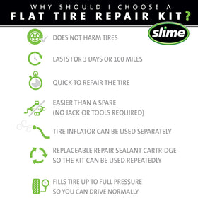 Slime kit in use beside a roadside tire illustrating fast emergency repair