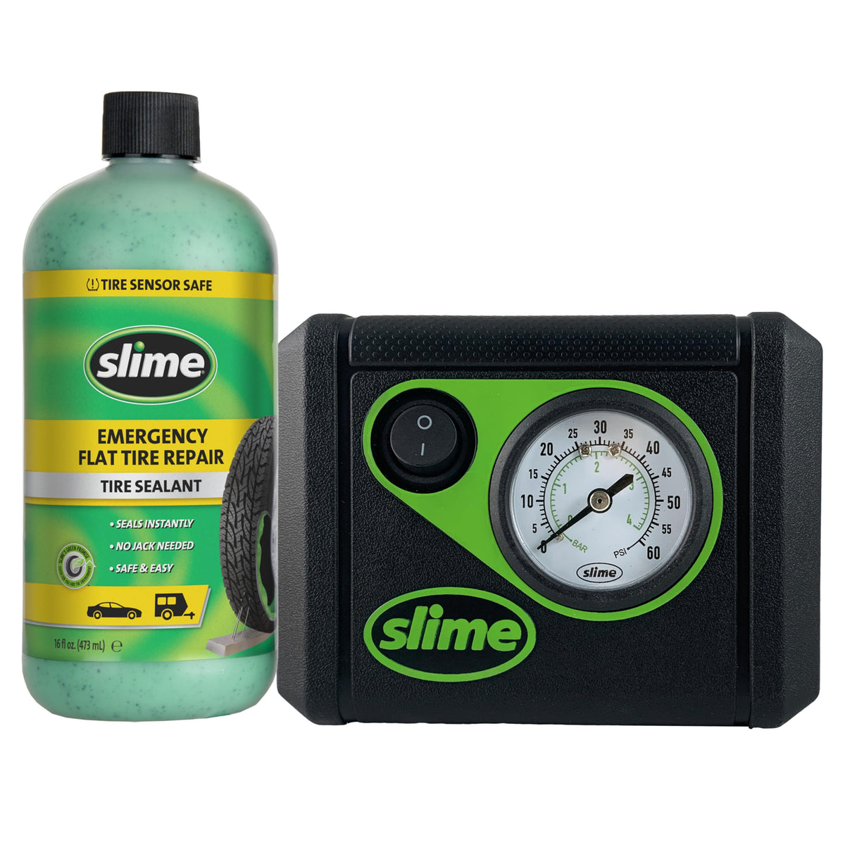 Slime Smart Spair front view kit showing bag and components for easy roadside repairs