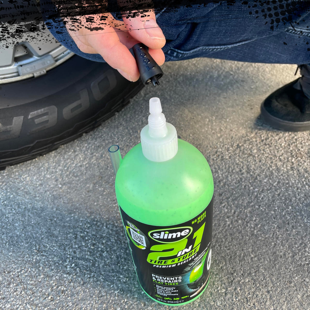 Slime valve core tool and clear installation hose for easy use