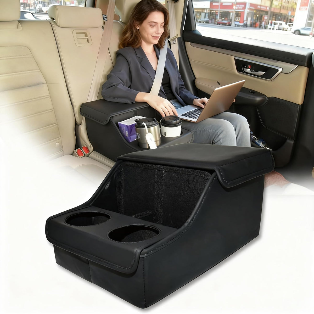 SLOGENTO front view of center console showing organized storage and armrest benefit