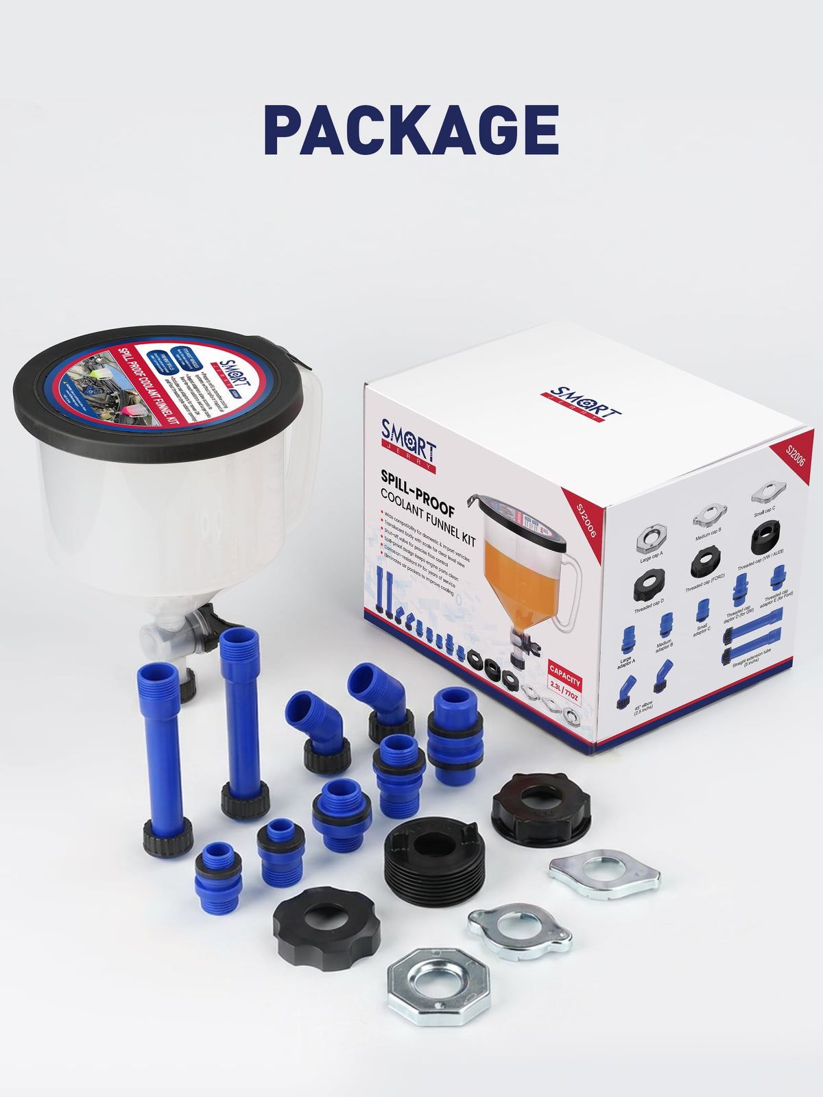 SMART JERRY funnel with mechanic tools flatlay illustrating complete service kit readiness
