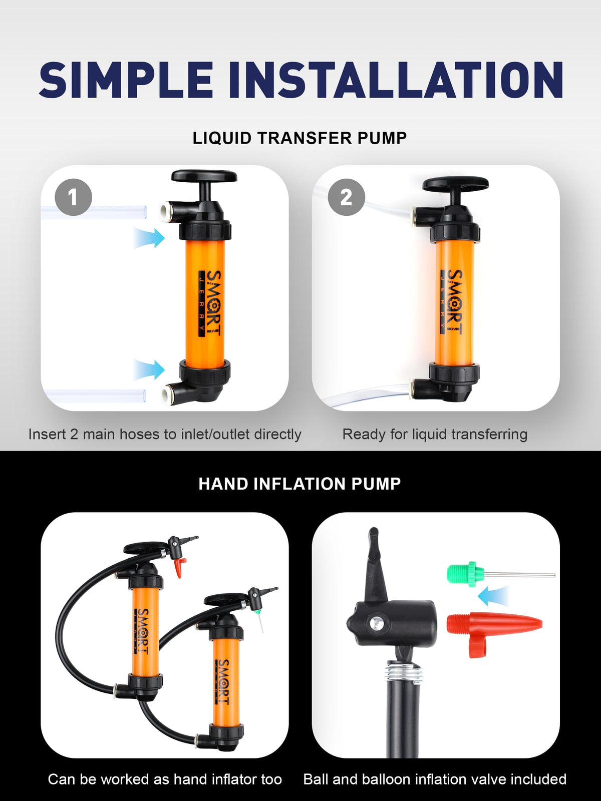 SMART JERRY long hoses shown extended to reach deep tanks and barrels