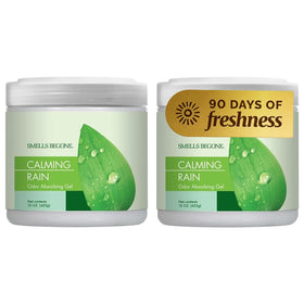 SMELLS BEGONE front packaging showing 15oz jar and calming rain label, highlights effective odor absorption
