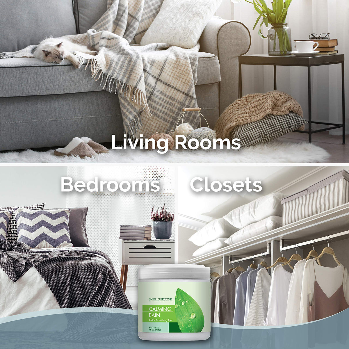 SMELLS BEGONE jar open with liner removed, illustrates easy setup and immediate activation benefit