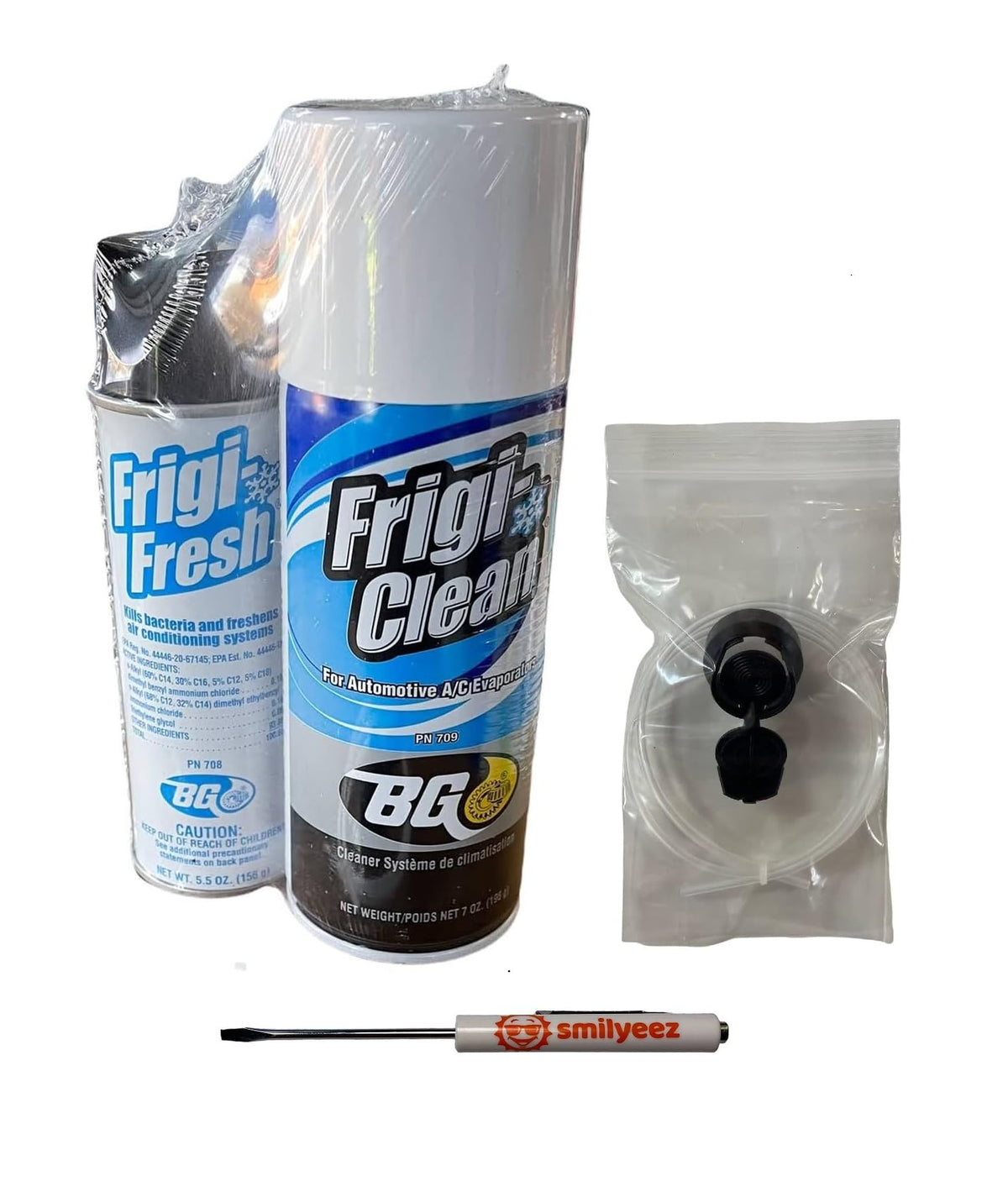 Smilyeez kit front packaging showing cleaner, nozzle and screwdriver, restores A/C freshness
