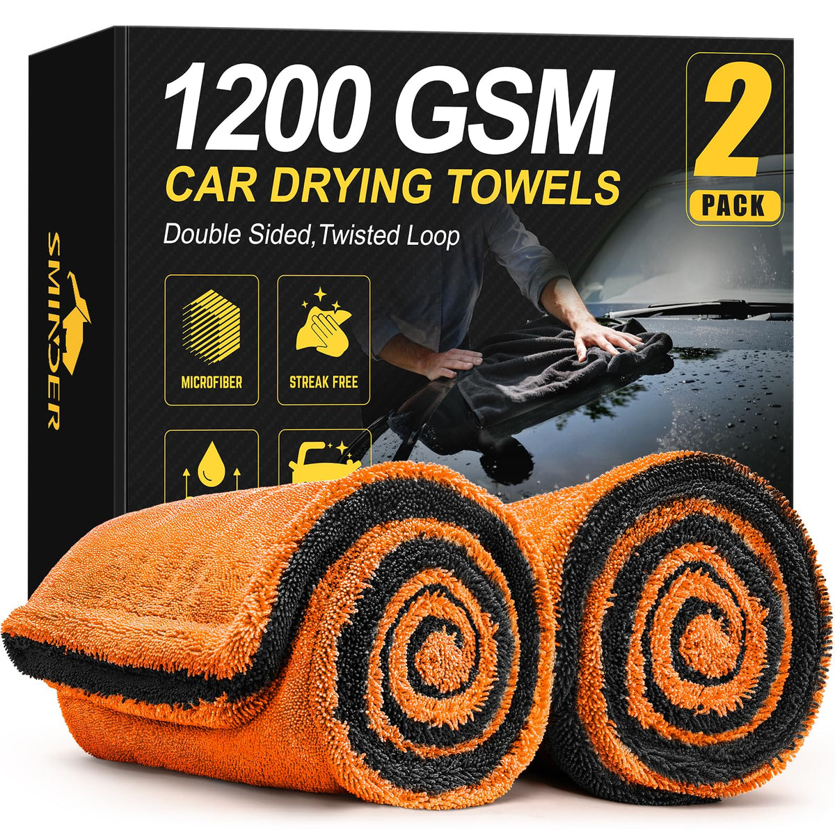 SMINDER front packaging showing two orange towels and size benefit