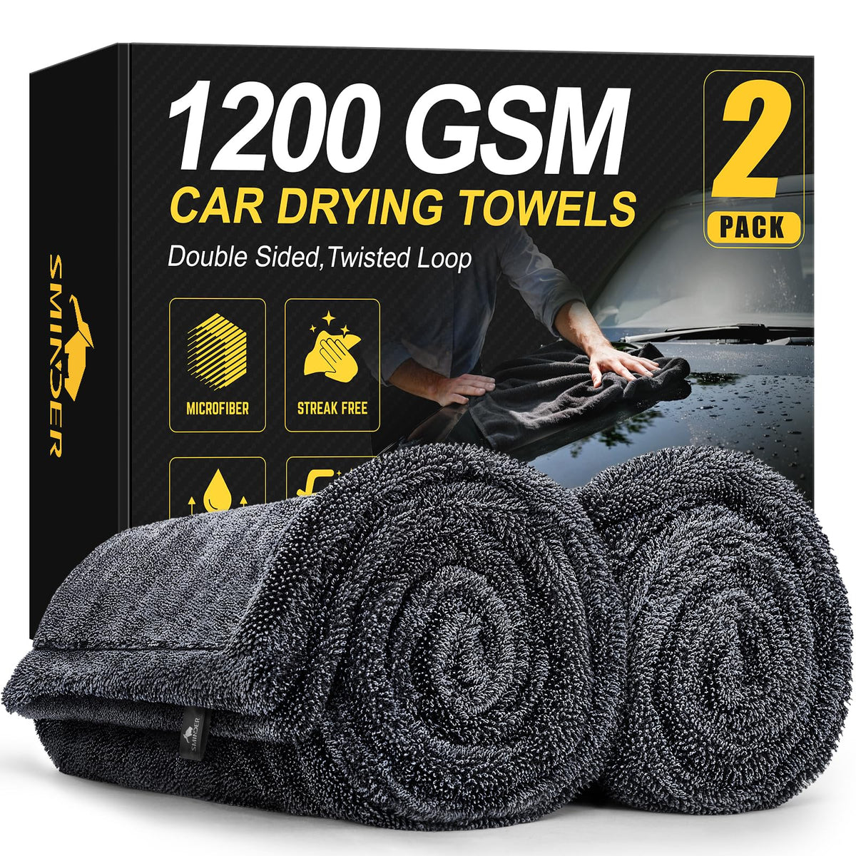 SMINDER front view of two towels in packaging showing size and value