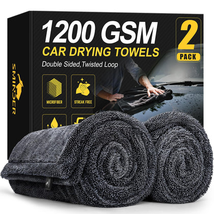 SMINDER front view of two towels in packaging showing size and value