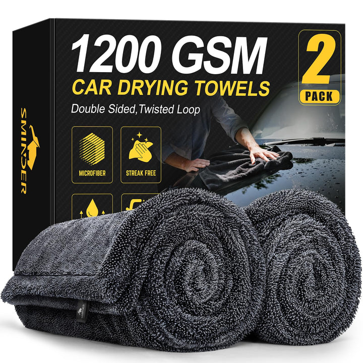 SMINDER front view of two towels in packaging showing size and value