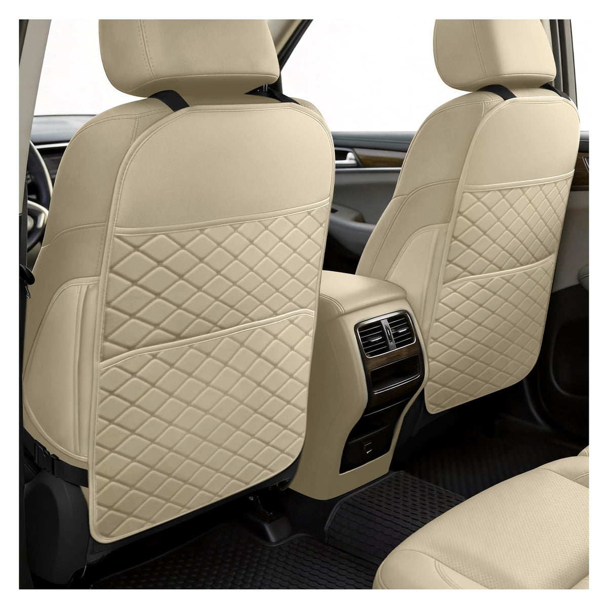 SMOQIO front view installed on seat protecting upholstery and adding storage