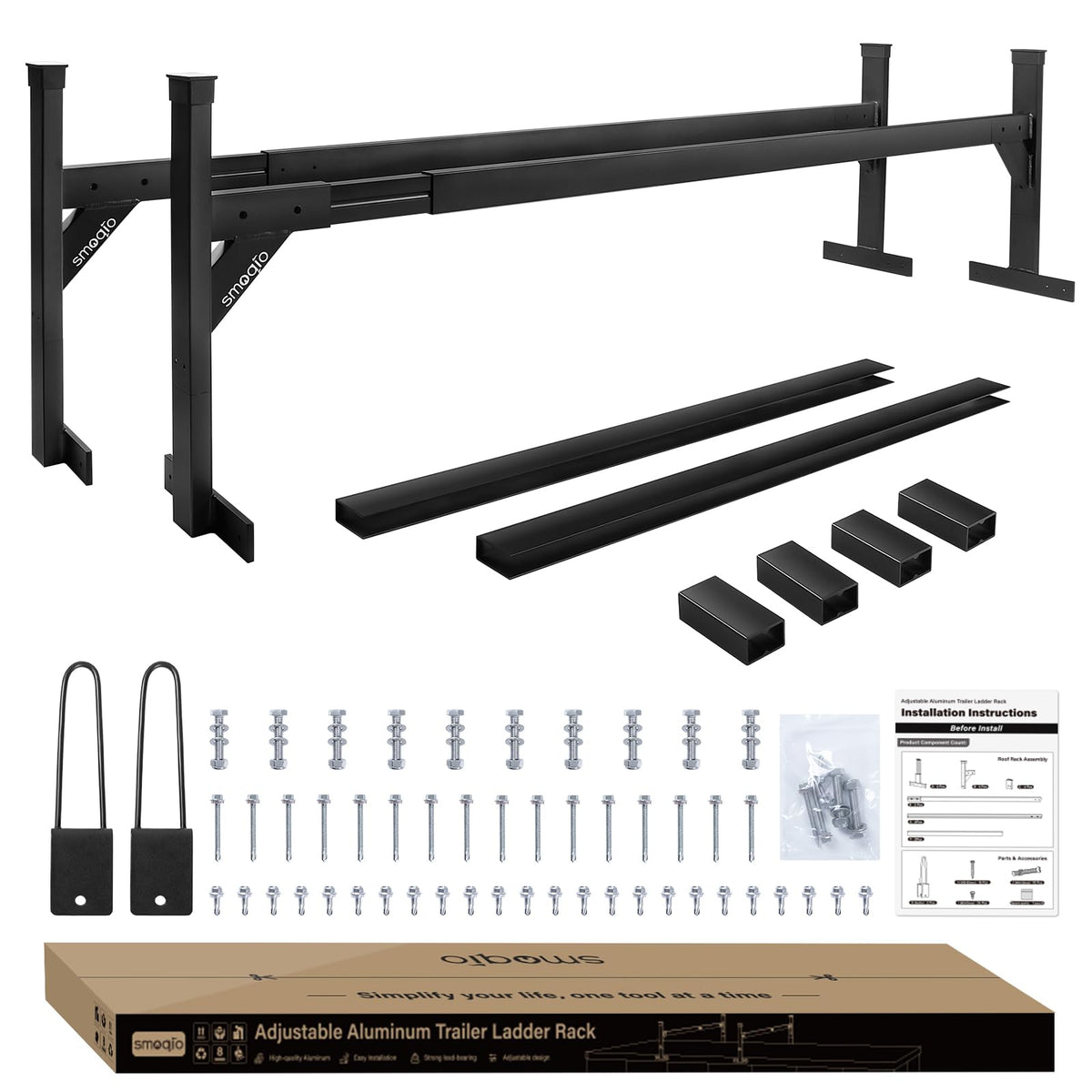 SMOQIO trailer rack front view showing full mounted assembly and easy loading benefit