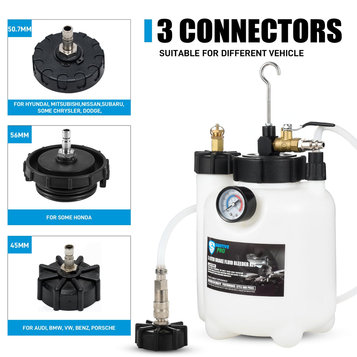 SMOTIVEPRO three master cylinder adapters arranged to demonstrate broad vehicle compatibility