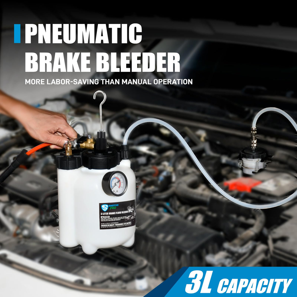 SMOTIVEPRO close-up of 3L reservoir and pressure gauge offering precise pressure control