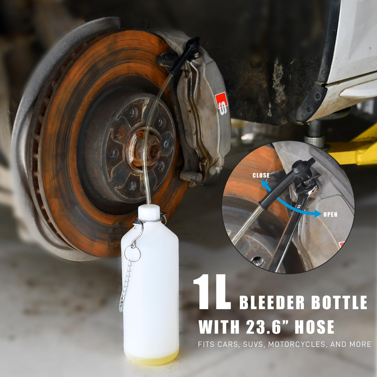 SMOTIVEPRO kit attached to a vehicle master cylinder showing single-person operation advantage