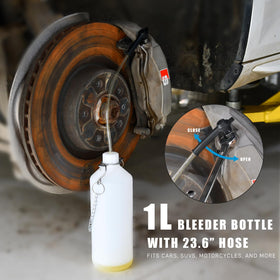 SMOTIVEPRO kit attached to a vehicle master cylinder showing single-person operation advantage