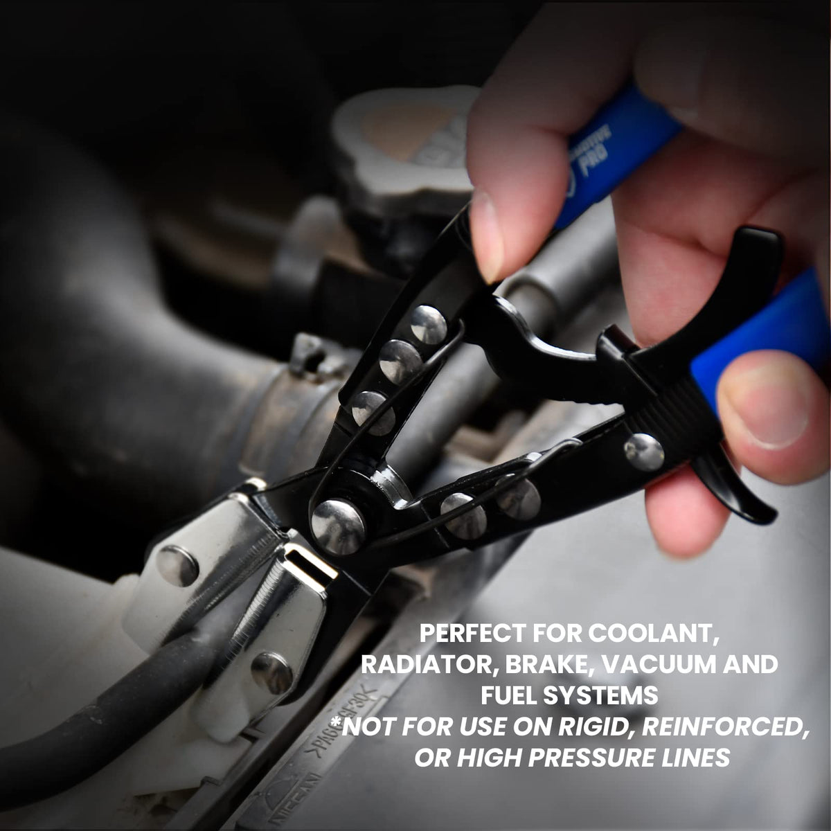 SMOTIVEPRO pliers clamped on radiator hose in engine bay showing spill prevention benefit