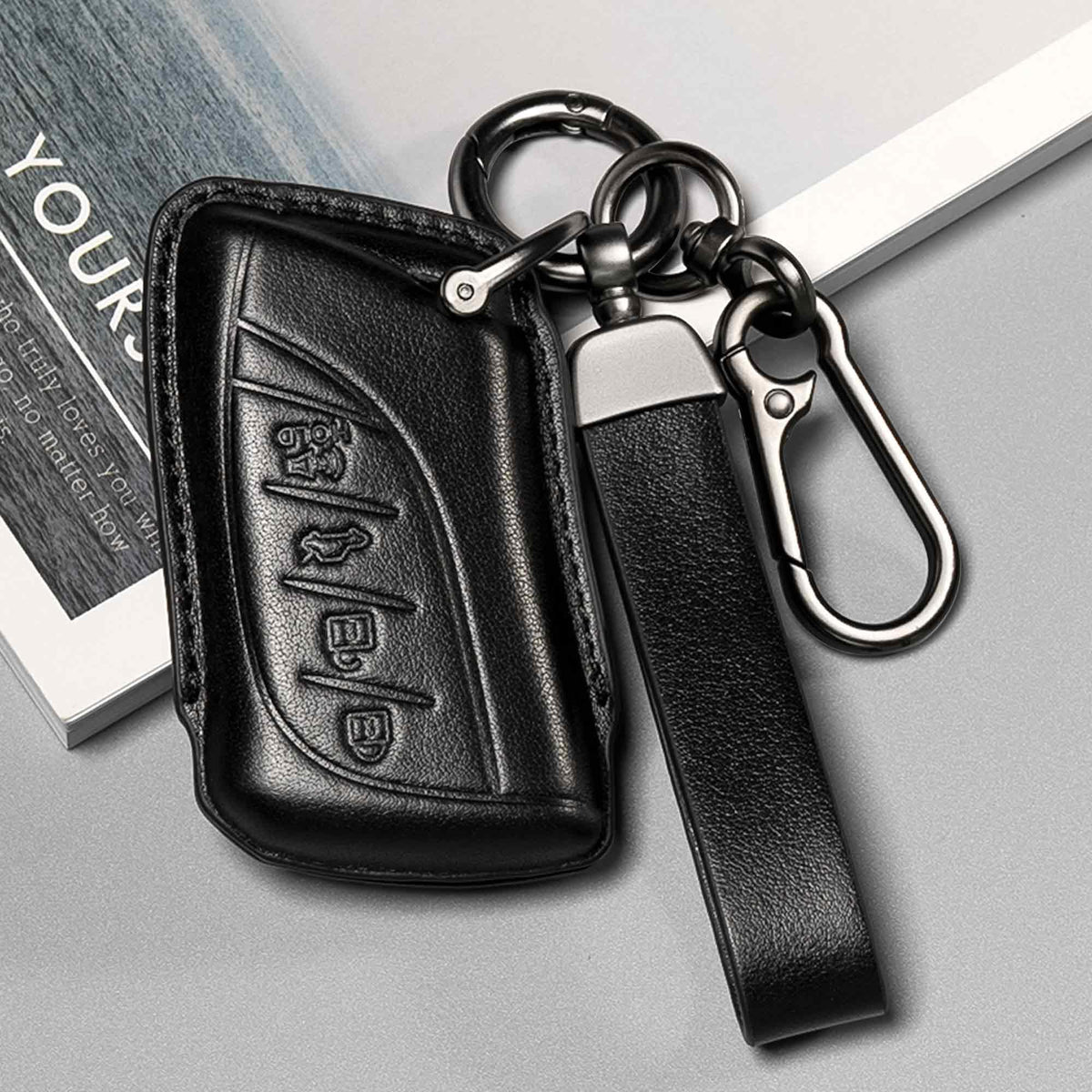 Smyfob close-up of top-grain leather texture emphasizing durability and finish