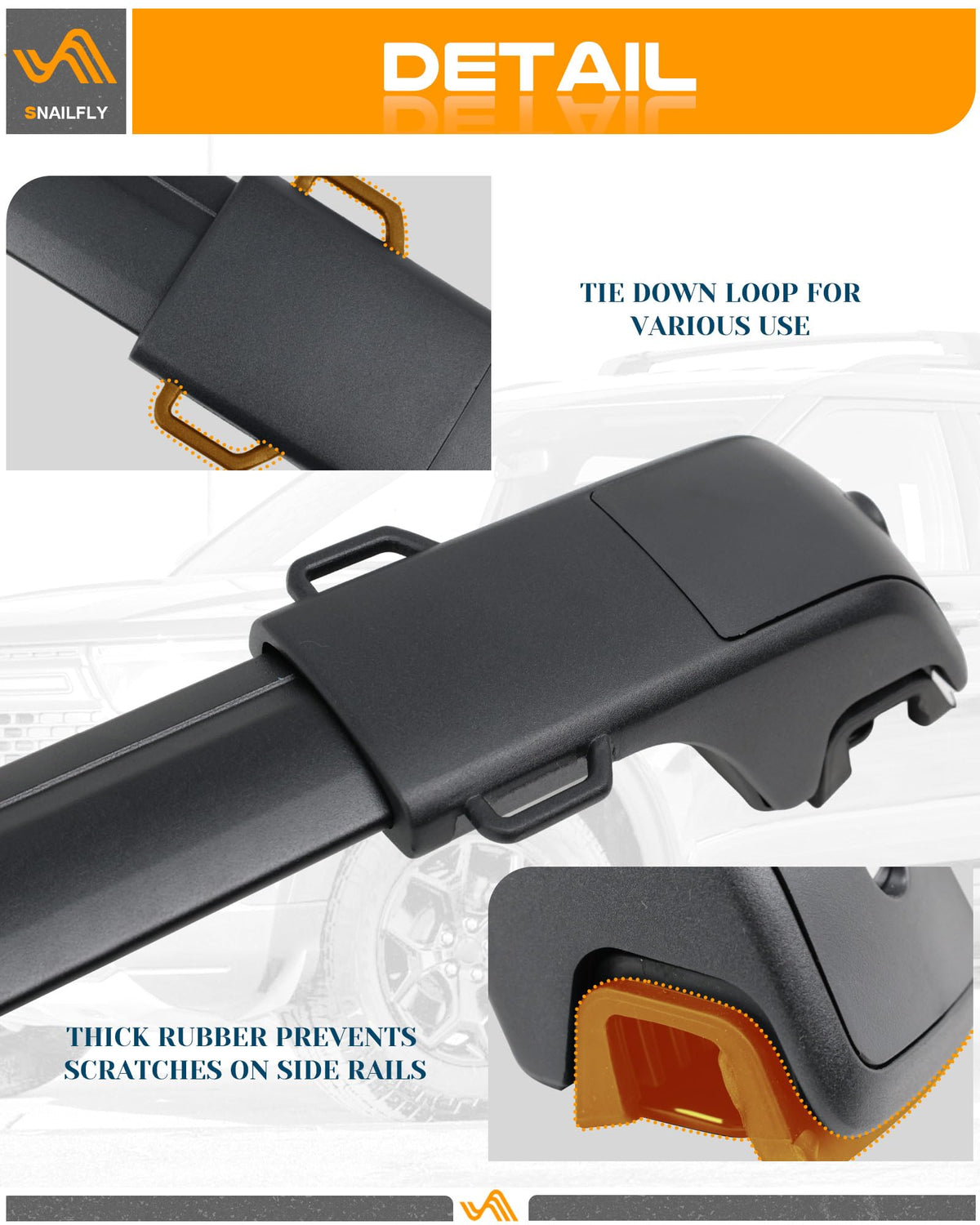 Snailfly clamp padded contact on raised side rail protecting vehicle paint and preventing rattles