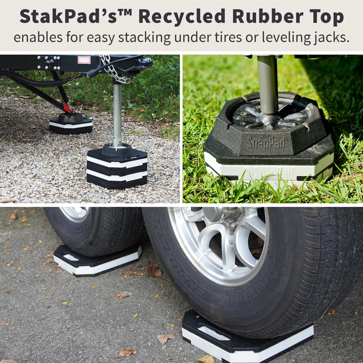 SnapPad StakPad stacked as column and pyramid showing configurable height and stability