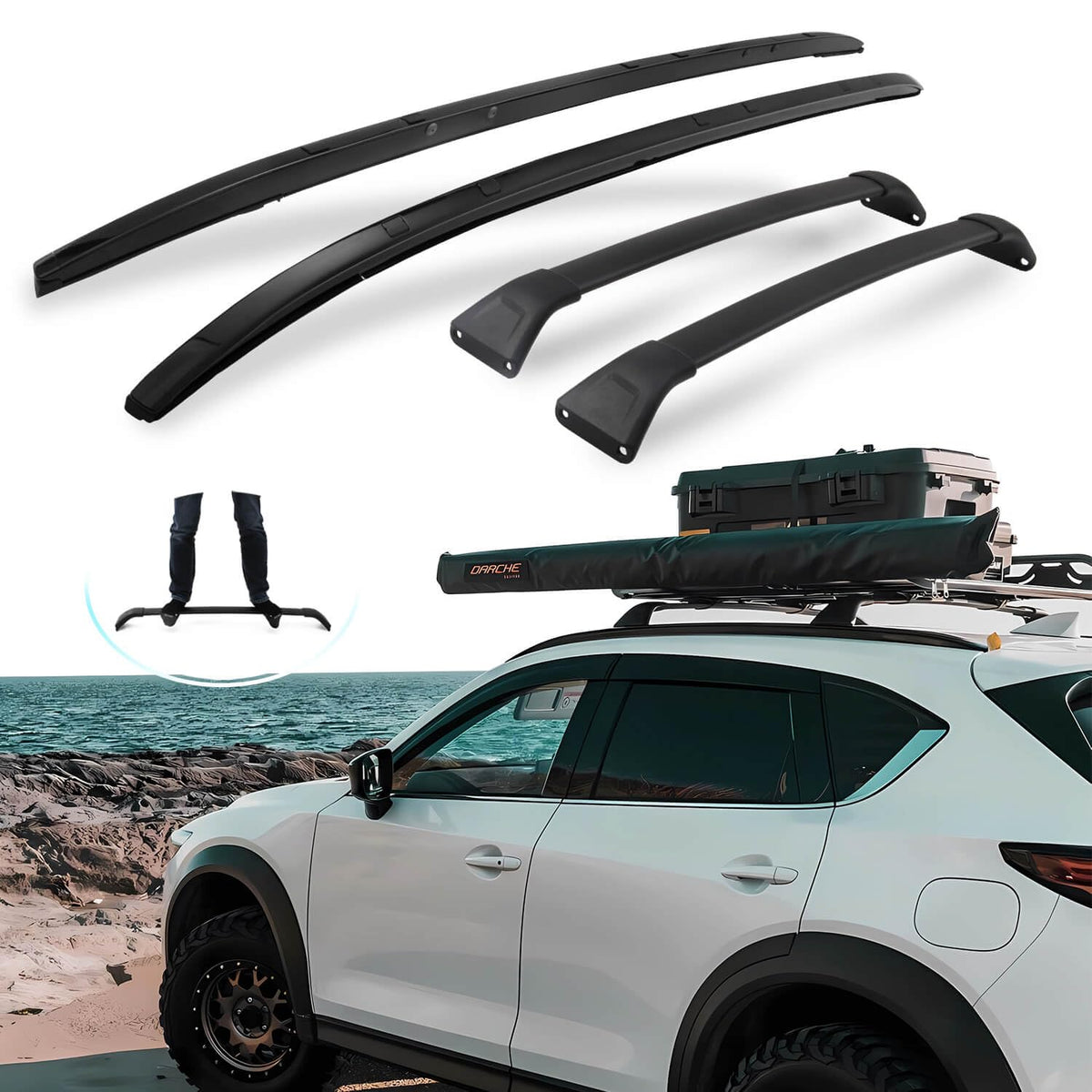 SNIXWOO front profile roof rails on Mazda CX-5 showing sleek black look and improved utility