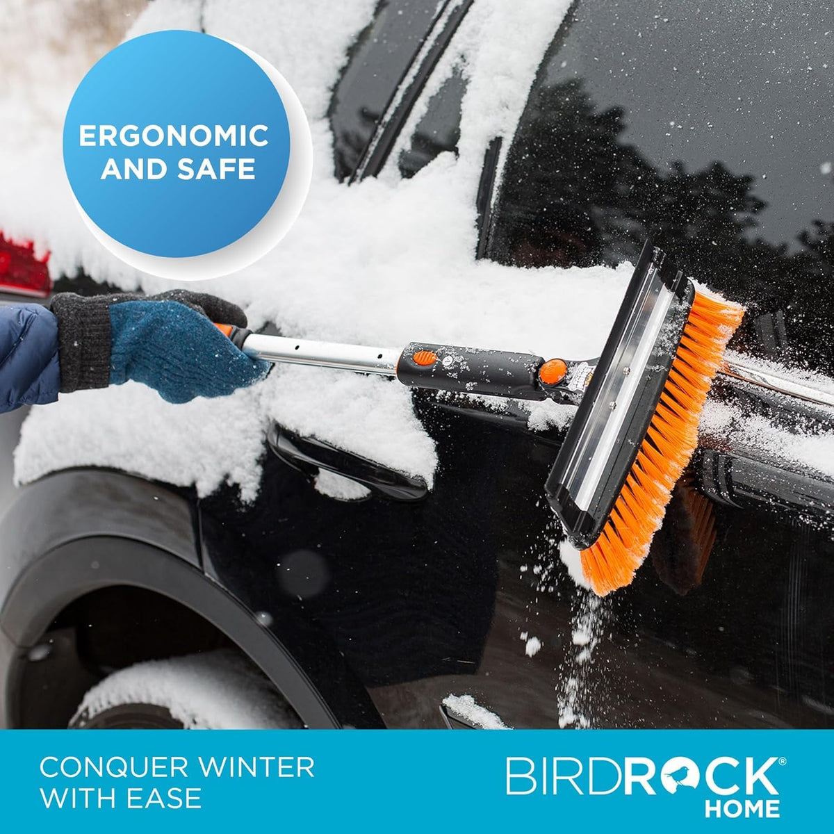 Snow MOOver clearing heavy snow from an SUV roof for safer driving visibility