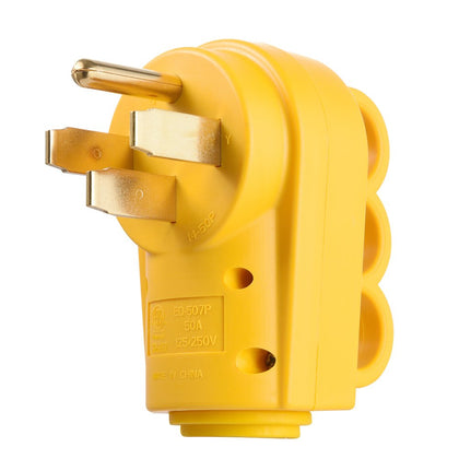 SnowyFox front view of 50 amp plug showing secure four-prong face and added safety