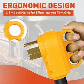 SnowyFox plug next to a hand showing scale and easy grip for fast hookups