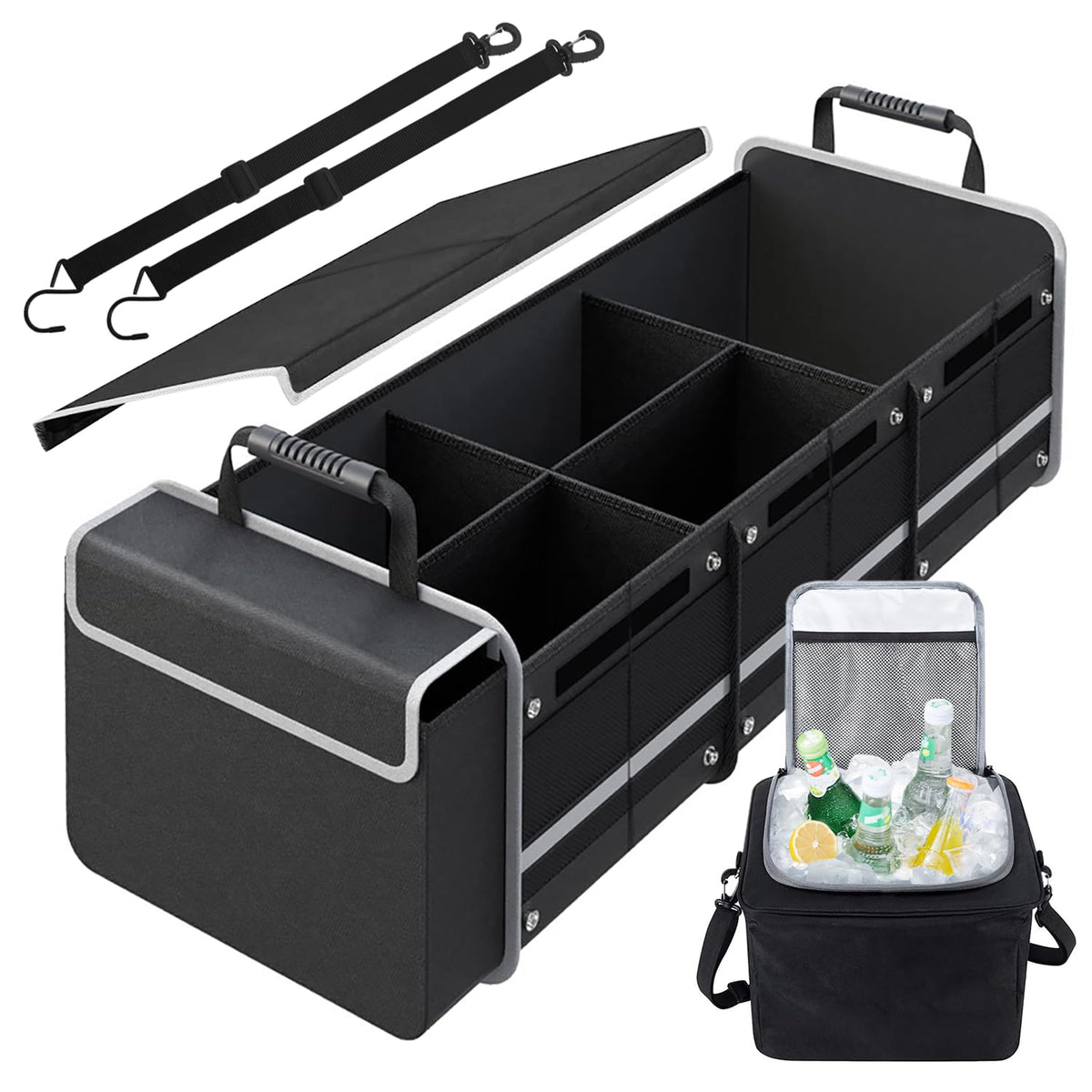 Snuopfy trunk organizer front view showing cover and compartments for tidy storage