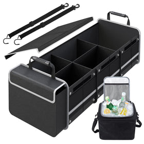 Snuopfy trunk organizer front view showing cover and compartments for tidy storage